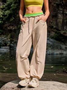 WanderVale Pantalones casuales versátiles de uso diario con cintura con cordón y bolsillos para mujer - Amarillo - Ver 1