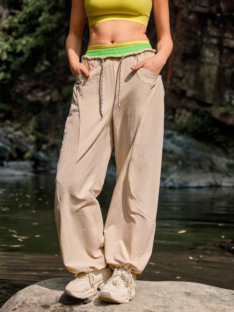 WanderVale Pantalones casuales versátiles de uso diario con cintura con cordón y bolsillos para mujer - Amarillo - Ver 1