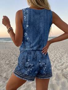 Women's Casual Round Neck Tank Top And Shorts 2 Pieces Set, Suitable For Summer - Blue - View 2