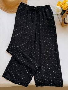 SHEIN EZwear 女士100%纯棉休闲度假风波点印花抽绳腰宽松阔腿裤 - 黑色 - 查看 5
