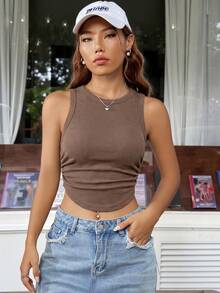 SHEIN EZwear 女士复古纯色弧形下摆褶皱背心，驼色 - 駝色 - 查看 3