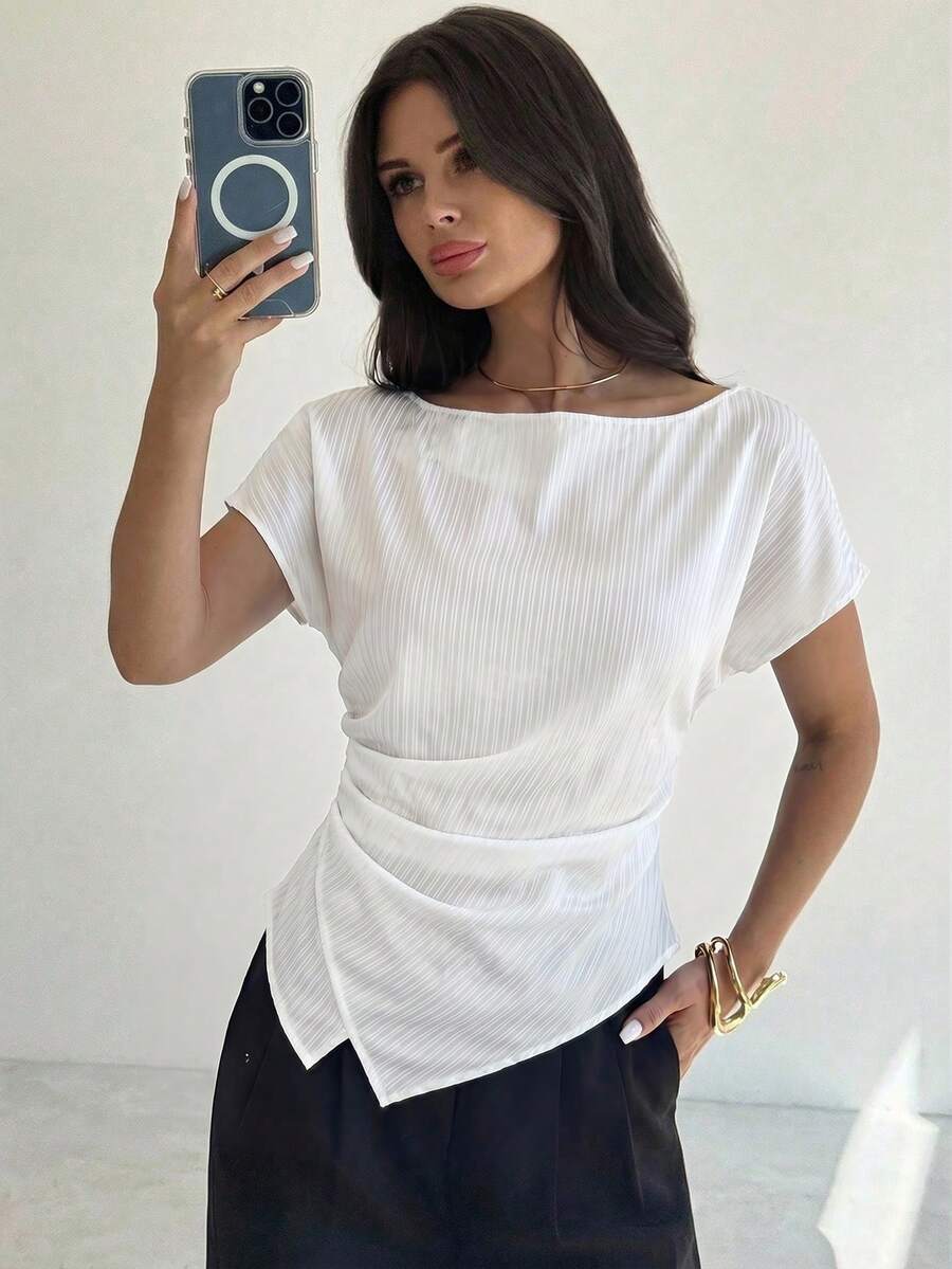 Firerie 休闲优雅格纹不对称下摆衬衫，适合通勤、日常休闲和时尚商务穿着/秋季女装/返校季/教师装/外出上衣/商务休闲女装/条纹衬衫/商务休闲女装/教师衬衫 - 白色 - 查看 1