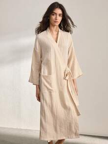 Ocili 100% Cotton Soft & Comfortable Crepe Robe With Tie, Leisure Wear - Apricot - View 5