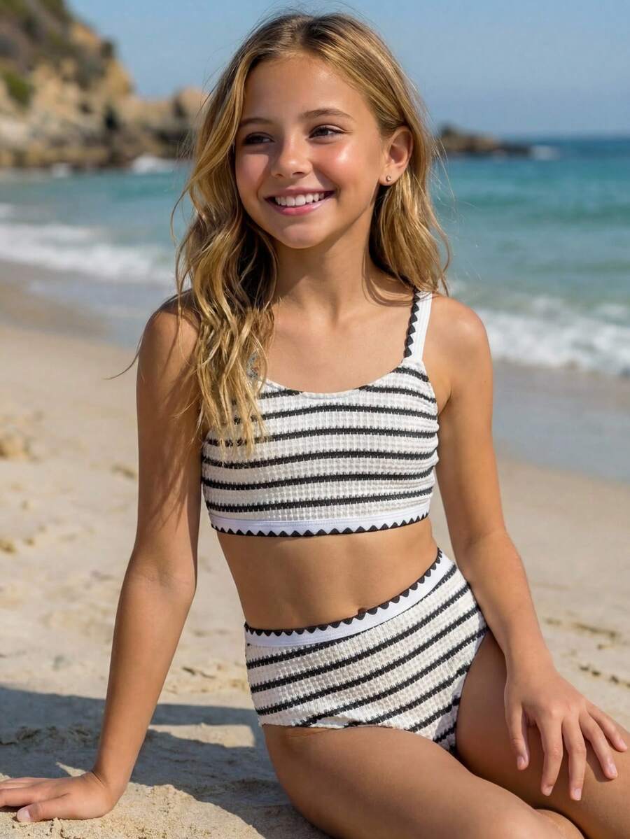 SHEIN 少女黑白条纹针织纹理贝壳边吊带比基尼套装，适合游泳、度假、夏季海滩穿着，儿童泳衣套装，夏季假期 - 黑與白 - 查看 1