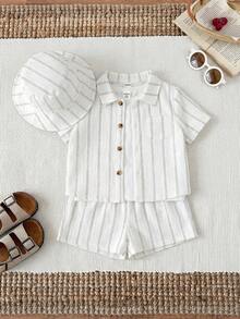 SHEIN Bộ 3 món cho bé trai/bé gái, gồm áo sơ mi ngắn tay kẻ sọc kaki, quần short và mũ chống nắng, thích hợp cho mùa xuân/hè. - trắng - Xem 4