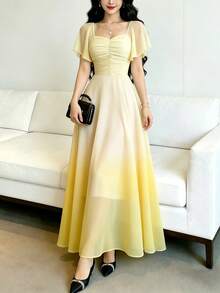Modelyn Đầm in họa tiết ombre vàng, thiết kế cổ vuông tay bồng thời trang, dáng dài thanh lịch thắt eo, thích hợp cho kỳ nghỉ hè và mặc hàng ngày. - Nhiều màu - Xem 3