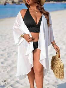 Swim Lushoire Plus Size Women's Solid Black Kimono Style Lightweight Loose Beach Cover Up, Mature & Minimalist Design - White - View 4