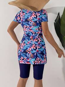 Swim Mulvari Đồ bơi Burkini tay ngắn, xếp ly, họa tiết hoa nhiệt đới ngẫu nhiên, có dây rút, dành cho nữ, thích hợp cho kỳ nghỉ hè ở bãi biển. - Nhiều màu - Xem 2