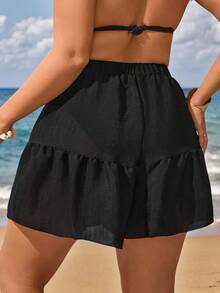 Swim Vcay Plus Size Cover-Up Tunic & Shorts Set With Tie, Loose Beach Dress For Coverage, Resort Vibe For Summer Beach Vacation - Black - View 2