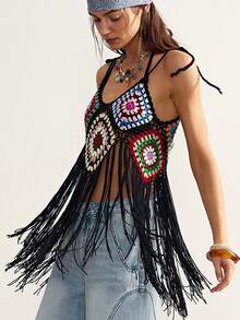 SHEIN BohoFeels Women's Crochet Hollow Out Fringe Camisole Top, Suitable For Beach Vacation - Multicolor - View 3