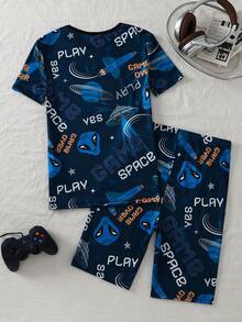 Blue Minimalist Astronaut Letter Print Short Sleeve & Shorts 2 Pieces Pajama Set For Teenage Boys - Blue - View 2