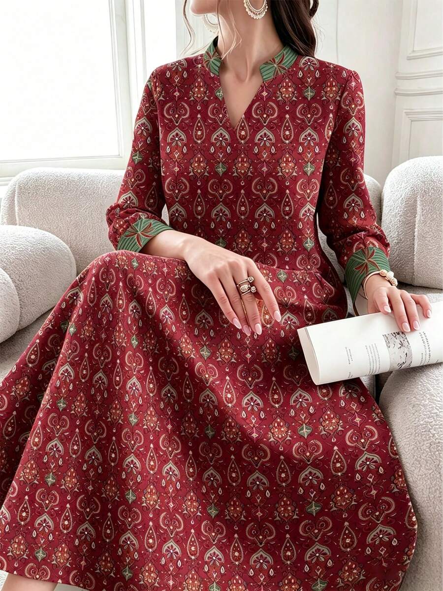 SHEIN Najma 几何图案和椰子树印花红色长款连衣裙，女士时尚V领开衩长袖长款连衣裙，春夏休闲长裙，女士碎花长款连衣裙 - 彩色 - 查看 1