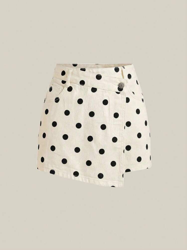 Selenza Women's Asymmetric Hem Polka Dot Denim Shorts - Beige - View 1