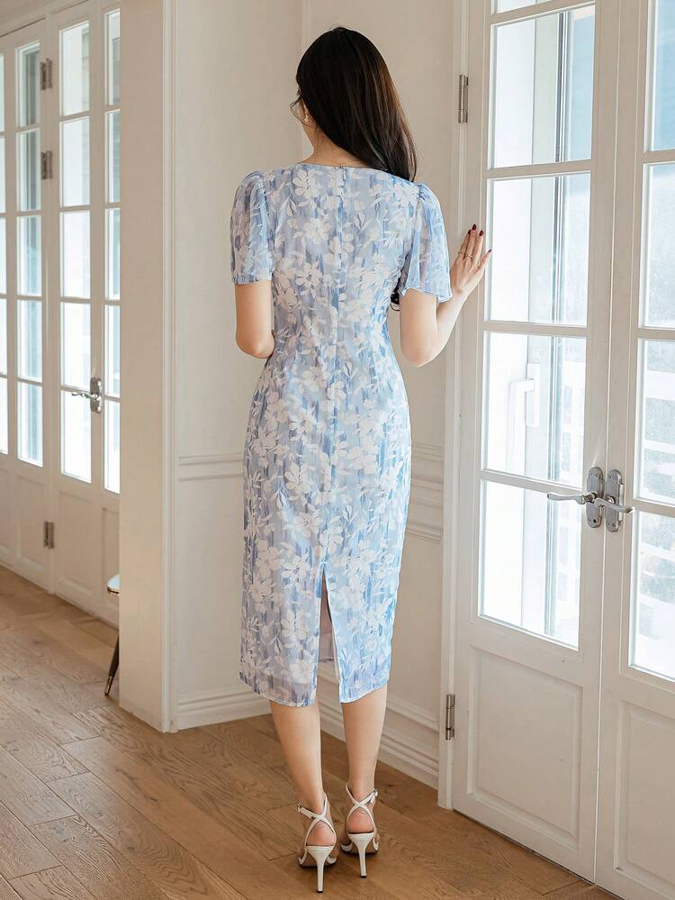 Women's Floral Print Short Sleeve Fitted Midi Dress