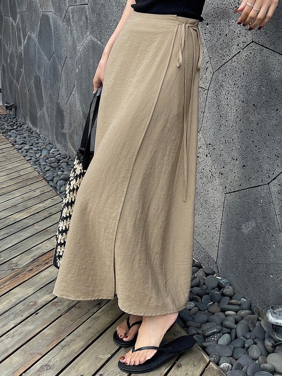 女士系带纯色休闲度假连衣裙 - 卡其色 - 查看 1
