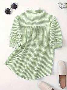 Linhara Plus Size Women's Colorblock Striped Print Patchwork Full Button Front Pocket Casual Short Sleeve Shirt - Green - View 2