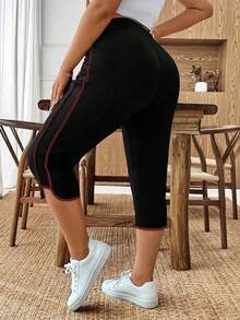 SHEIN CURVE+ Quần ống rộng kẻ sọc dáng thanh lịch, thường ngày, kiểu dáng thể thao, thắt nơ dành cho nữ cỡ lớn. - Màu Đỏ Sâu - Xem 2
