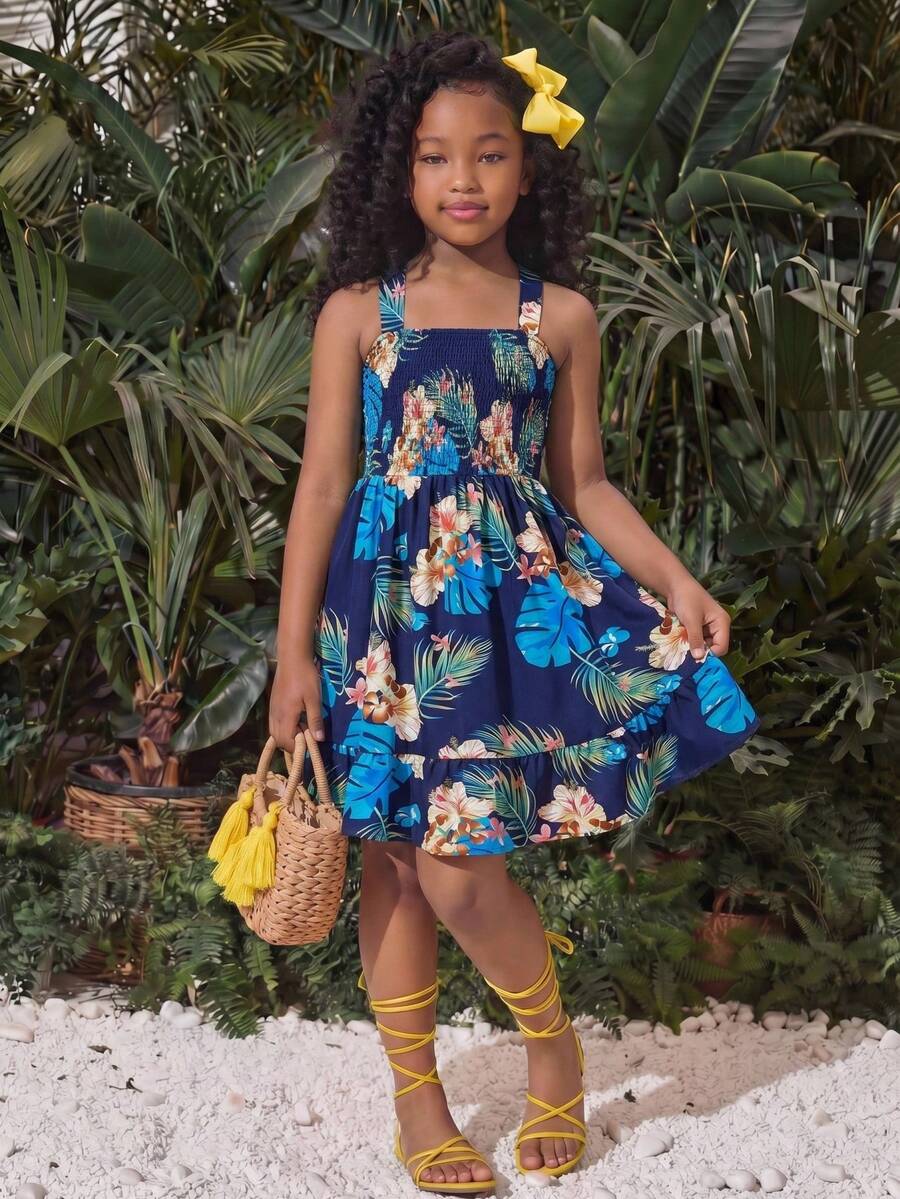 SHEIN 少女热带植物印花连衣裙，后背交叉蝴蝶结装饰，收腰设计，适合日常通勤、夏季海滩、度假、休闲穿着。 - 彩色 - 查看 1