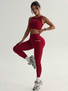 SHEIN Dewbera 女士字母印花上衣和紧身裤休闲运动套装 - 酒紅色 - 查看 2