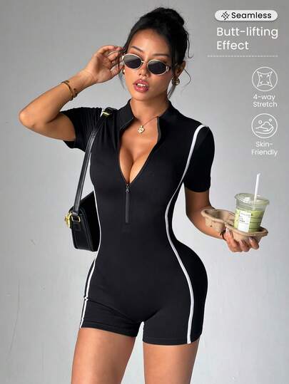 SHEIN Mono deportivo ajustado con cremallera y contraste de color sin costuras para mujer Dewbera
