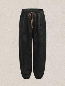 Mercer Haus Calça Lanterna Vintage com Padrão de Dragão Dobby para Homens, Calça Jogger de Perna Larga com Estampa de Dragão Chinês Suave Semelhante a Cetim, Calça Chinesa de Cintura com Cordão para Tai Chi Kung Fu, Calça Casual de Praia e Yoga para Primavera/Outono - Preto - Visão 4
