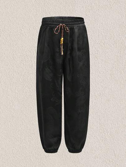 Mercer Haus Men's Vintage Dobby Dragon Pattern Lantern Pants, Satin-Like Soft Chinese Dragon Wide Leg Joggers, Chinese Style Drawstring Waist Tai Chi Kung Fu Pants, Casual Beach Yoga Trousers For Spring/Autumn