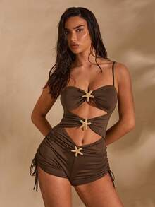 SHEIN Glamour Women's Metal Decor Ruched Hollow Out Sexy Casual Jumpsuit,Music Festival Party Outfit,Streetwear Outfit,Concert Outfit,Club Outfit,Date Night Outfit,Women's Birthday Outfit,Party Must-Have,Summer Seaside Vacation And Travel Outfit - Coffee Brown - View 6