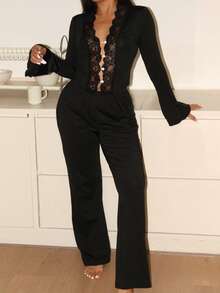 Lowkey Lull Women's Comfortable Lace Patchwork Long Sleeve Pajama Set - Black - View 4