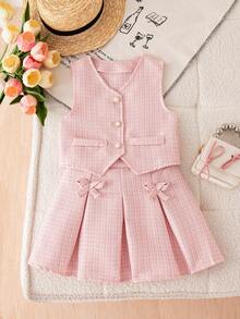SHEIN Elladie kids 小女孩甜美粉色无袖珍珠纽扣背心+蝴蝶结百褶裙两件套，优雅休闲夏季套装 - 粉色 - 查看 5