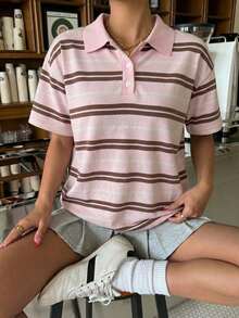 Muchica 休闲简约粉色条纹学院风撞色条纹印花女式半拉链高领长袖宽松T恤，适合秋冬季节，复古/怀旧、性感、可爱、Y2K、椰子女孩、波西米亚、嬉皮、音乐节等风格 - 彩色 - 查看 3