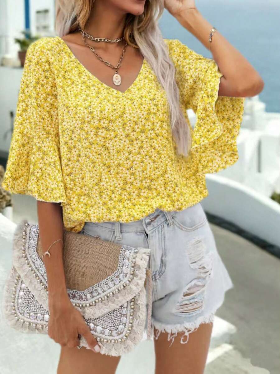 SHEIN Holidaya 度假休闲碎花喇叭袖衬衫 - 黃色 - 查看 1