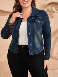 EMERY ROSE Plus Size Women Long Sleeve Single-Breasted Casual Denim Jacket - Dark Wash - View 1