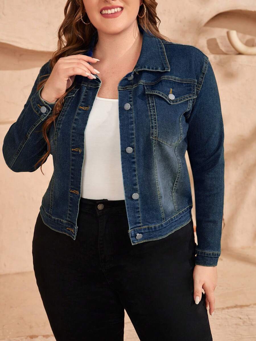EMERY ROSE Plus Size Women Long Sleeve Single-Breasted Casual Denim Jacket - Dark Wash - View 1