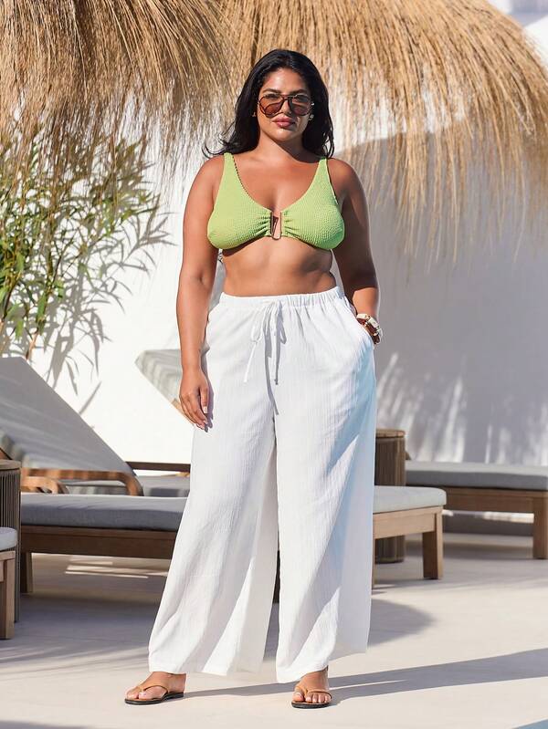 FASHION SZN Plus Size Womens Textured Wide Leg Trousers Tie Waist Elasticated Comfy Loose Fit White Beach Summer Holiday Trousers Plus Size Vacation Outfit City Break Chic Airport Travel Ibiza Elegant Comfortable Pockets Drawstring Waist Elegant Cute Sexy Trousers For Vacation Beachwear Everyday Cover Up