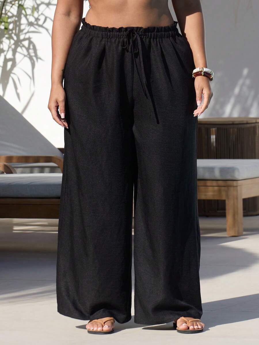 FASHION SZN Pantalon décontracté aspect lin grande taille, pantalon de plage avec lien à l'avant, pantalon élégant grande taille, tenue de vacances, pantalon d'été, pantalon ample, pantalon large, bohème, tenue de festival, pantalon décontracté, tenue de plage et de ville, pantalon grande taille, pantalon grande taille taille mi-haute large, sexy, mignon, port quotidien, maillot de bain, cache-maillot de vacances, pantalon noir grande taille, pantalon de travail bohème de festival avec cordon de serrage, port quotidien - Noir - Voir 1