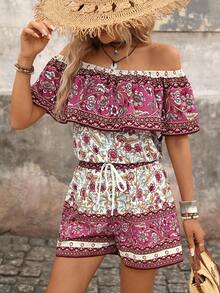 Brillora Setelan 2 Potong Wanita Motif Bunga Boho, Atasan Bahu Terbuka Berkerut dan Celana Pendek Bertali Serut, Warna Beige, Pakaian Kasual Liburan Pantai Musim Panas - Purple - View 12