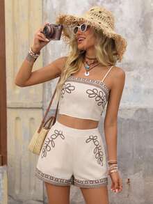 Brillora Bộ đồ nữ phong cách Bohemian thêu hoa gồm áo hai dây và quần short, thích hợp cho kỳ nghỉ và đi biển. - Màu Khaki - Xem 5