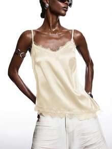 SHEIN EZwear 大码米色复古蕾丝缎面吊带背心 - 米色 - 查看 8