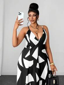 Maweii French Vacation Style Fashionable Printed Plunging Neck Jumpsuit, Waist Cinching Flared Leg Pants For Summer - Black and White - View 2