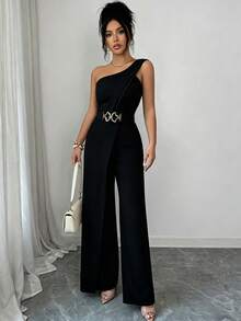 Elenzga Women's Metal Waist Design One-Shoulder Jumpsuit - Black - View 9