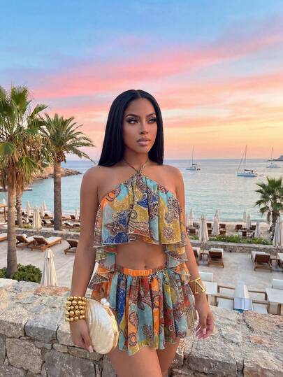 Slaydiva 2026休闲海滩度假优雅性感雪纺面料特殊印花荷叶边吊带连体裤式印花泳衣罩衫，多种颜色可选