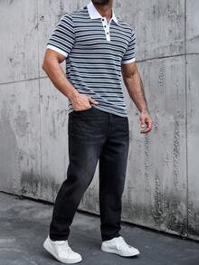 Manfinity CasualCool 男士撞色条纹短袖Polo衫 - 藏蓝色 - 查看 4