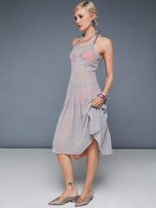 COUREZ 露背格纹透视中长连衣裙 / Y2K 夏季女装中长连衣裙夏季连衣裙外出装扮派对装扮节日装扮春季女装连衣裙 - 杏色 - 查看 2