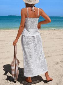 Swim Vcay 春夏沙滩度假罩衫套装，白色网纱提花吊带背心和高腰半身衬裙沙滩装 - 白色 - 查看 2