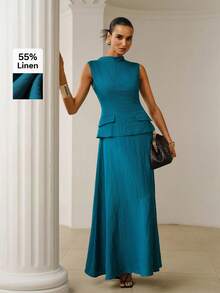 ZEYLAH 无袖亚麻连衣裙，立领设计，优雅纯色夏季连衣裙 - 水鴨藍 - 查看 2