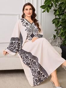 Al Najma Vestido árabe holgado con estampado floral elegante para mujer de talla grande, adecuado para bodas y fiestas - Albaricoque - Ver 3