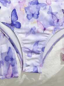 Bikiniset med citronmönster och kimonokofta för tjejer, gula badkläder, 3 delar. Strandoutfit med volangdesign, söt och gullig, lämplig för sommarsemester. - Blåröd - Visa 4
