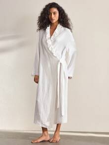 Ocili Cotton Embroidered Lace Double-Layer Crinkle Cotton Soft & Comfortable Robe With Frill Trim For Women - White - View 4