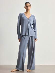 Ocili Minimalist Comfortable Collarless Soft Pajama Set For Women - Dusty Blue - View 4