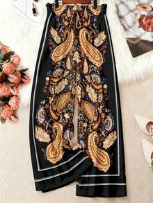 EMERY ROSE Plus Size Women's Black Summer Boho Wide Leg Pants,Cashew Print Waist Belt Design,Perfect For Vacation,Holiday,Beach,Spring & Autumn Daily Wear - Multicolor - View 1